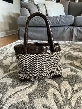 MaxMara Brown and Cream Woven Tote with Croc-Effect Trim